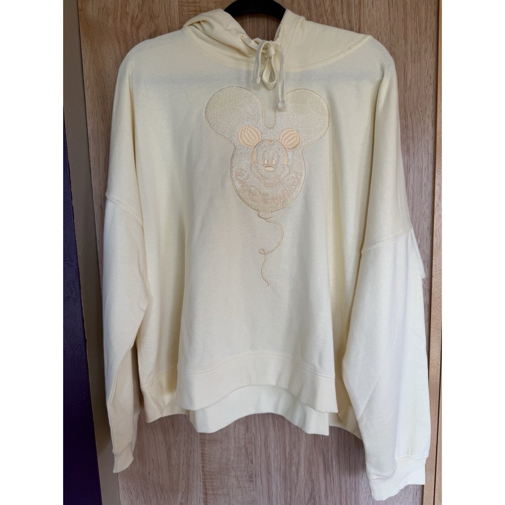 Disney Parks Mickey Mouse Balloon Chenille Patch Butter Yellow Hoodie XL NWT